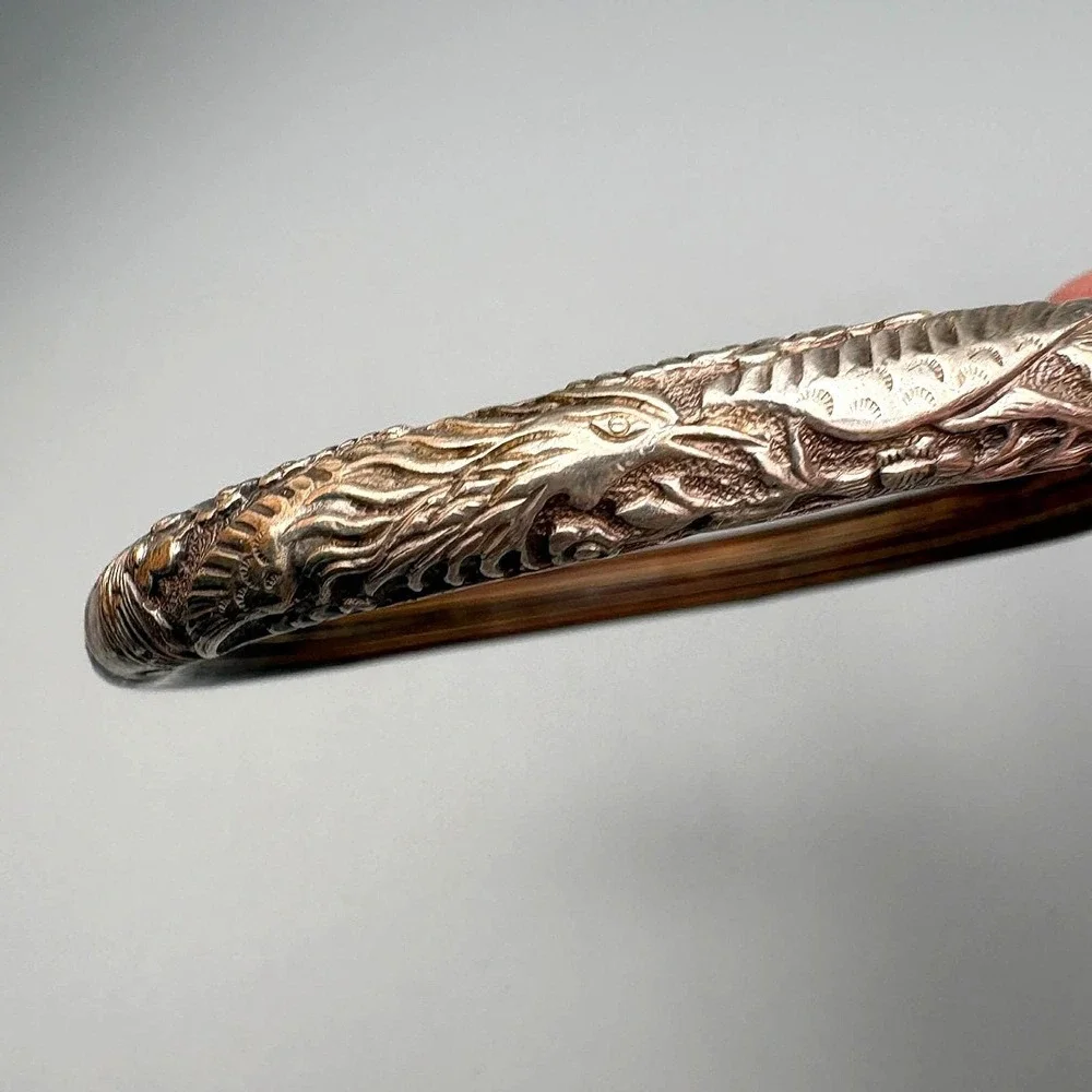 Vintage Chinese Silver Bangle Rattan Phoenix Bamboo Wood 8.25